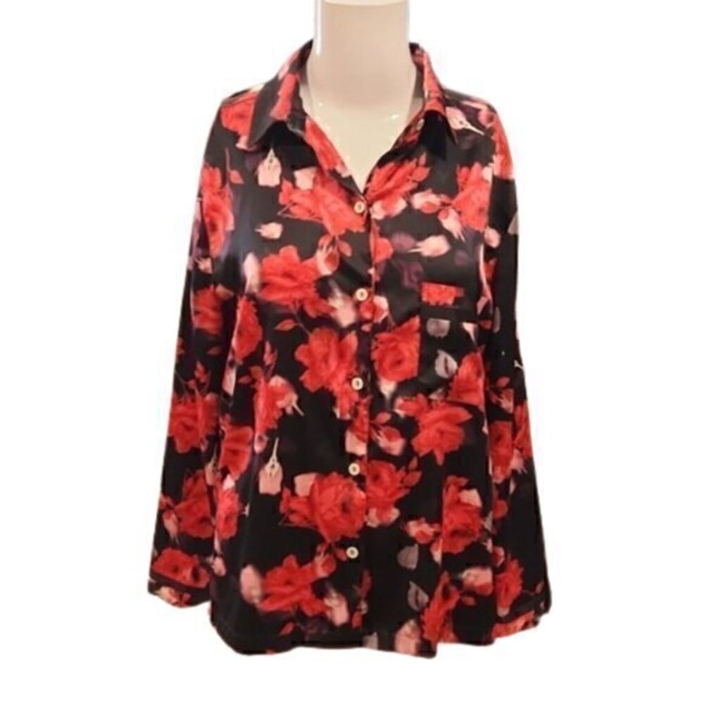 [Victoria Secret] Red and Black Floral Button Down Pajama Shirt - Size M